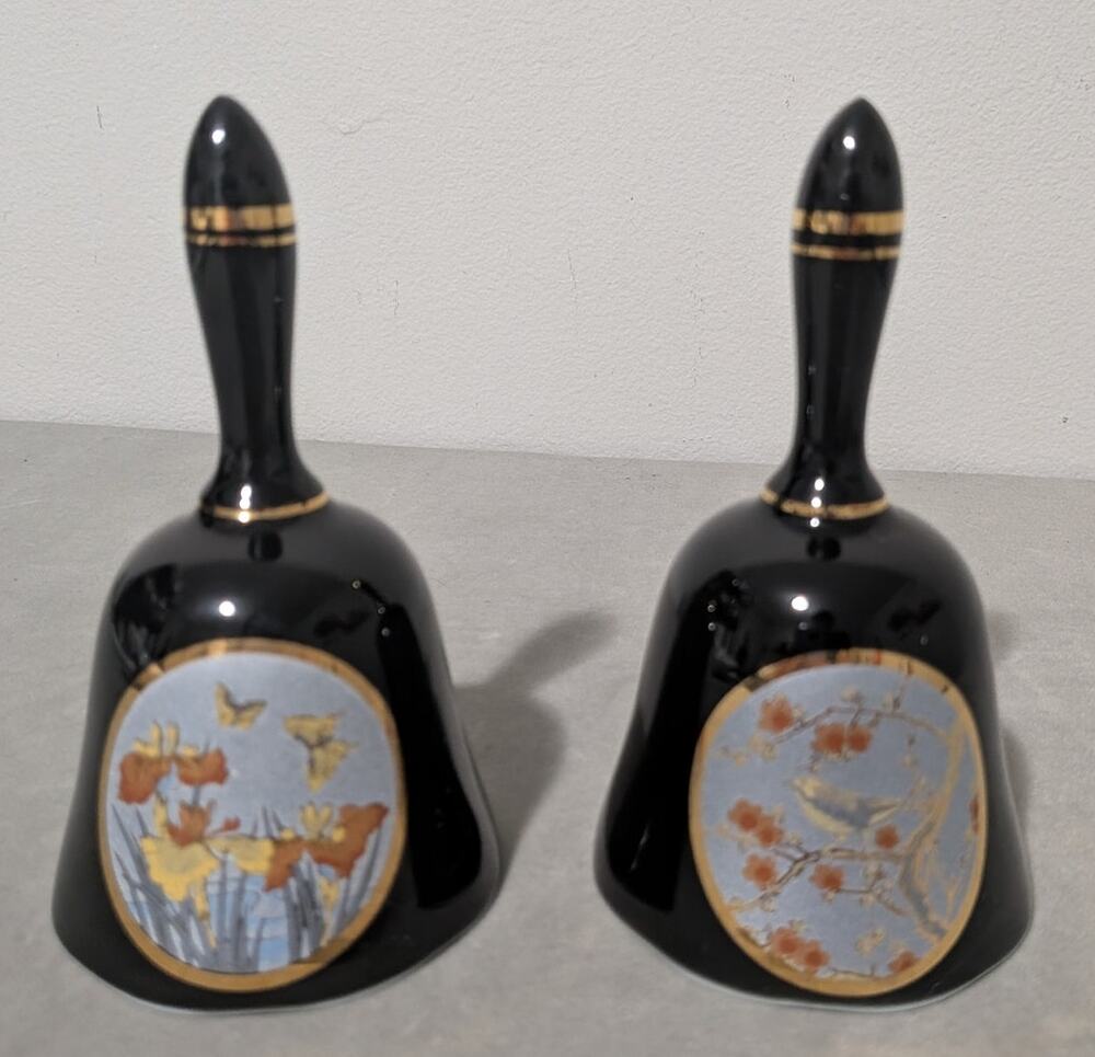 Vintage Brinn's Japan Black Porcelain Dinner Bell Pair Gold Trim Bird Floral